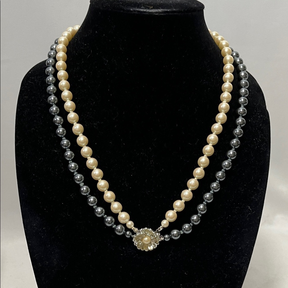Double Strand Knotted Elegant Cultured Pearls Flower Clasp 22”Necklace